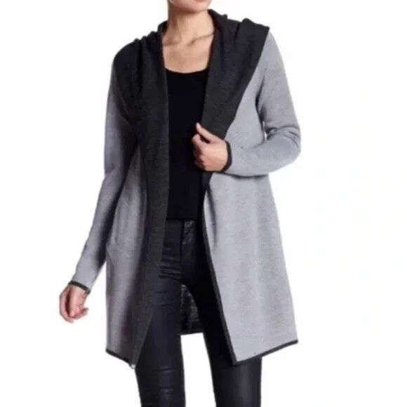 ✨BNCI By Blanc Noir EUC wool blend hooded long line open front sz M cardigan✨ - Picture 1 of 9